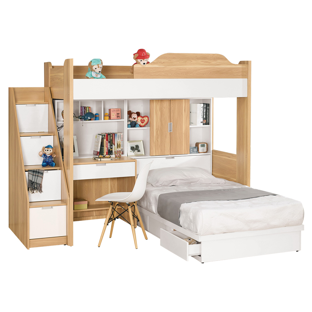 貝爾3.5尺單人多功能雙層床組(床架+收納床組+樓梯櫃+書桌)