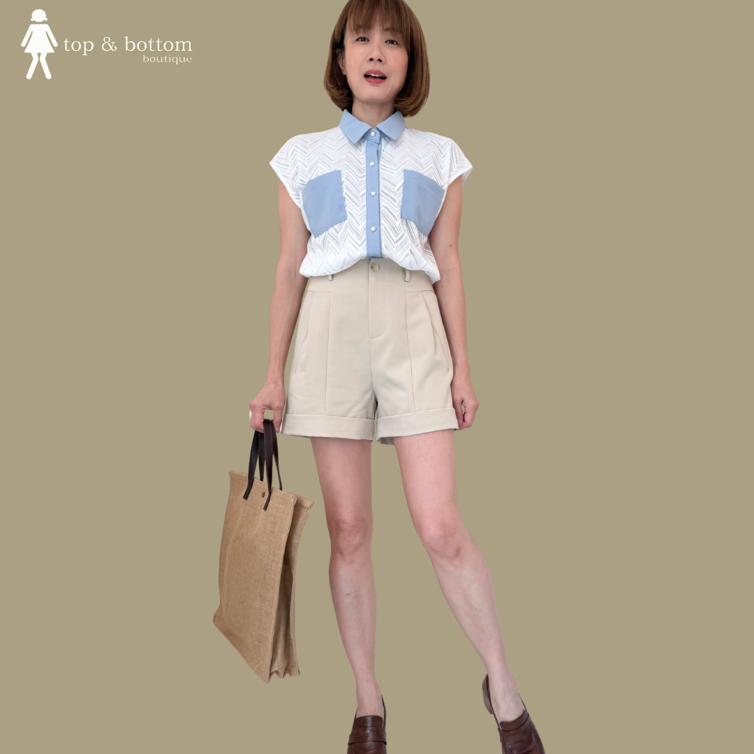 V SLEEVE NETTING BUTTON BLOUSE WITH POCKET