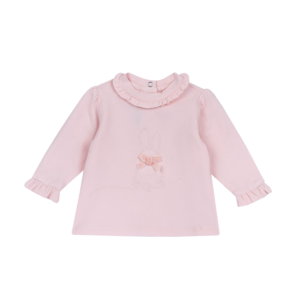 粉紅邦妮-繡小兔荷葉領長袖上衣