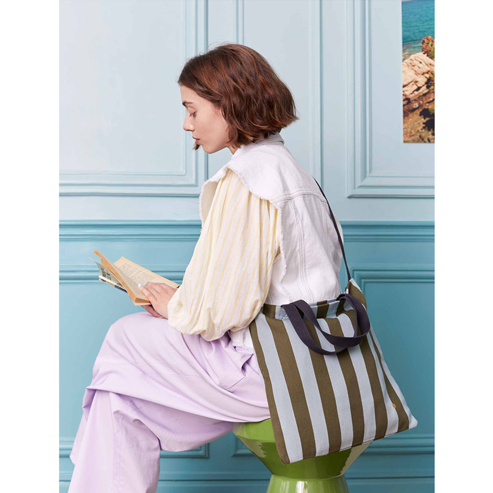 法國La cerise sur le gâteau 有機棉手提側背包-抹茶藍條紋