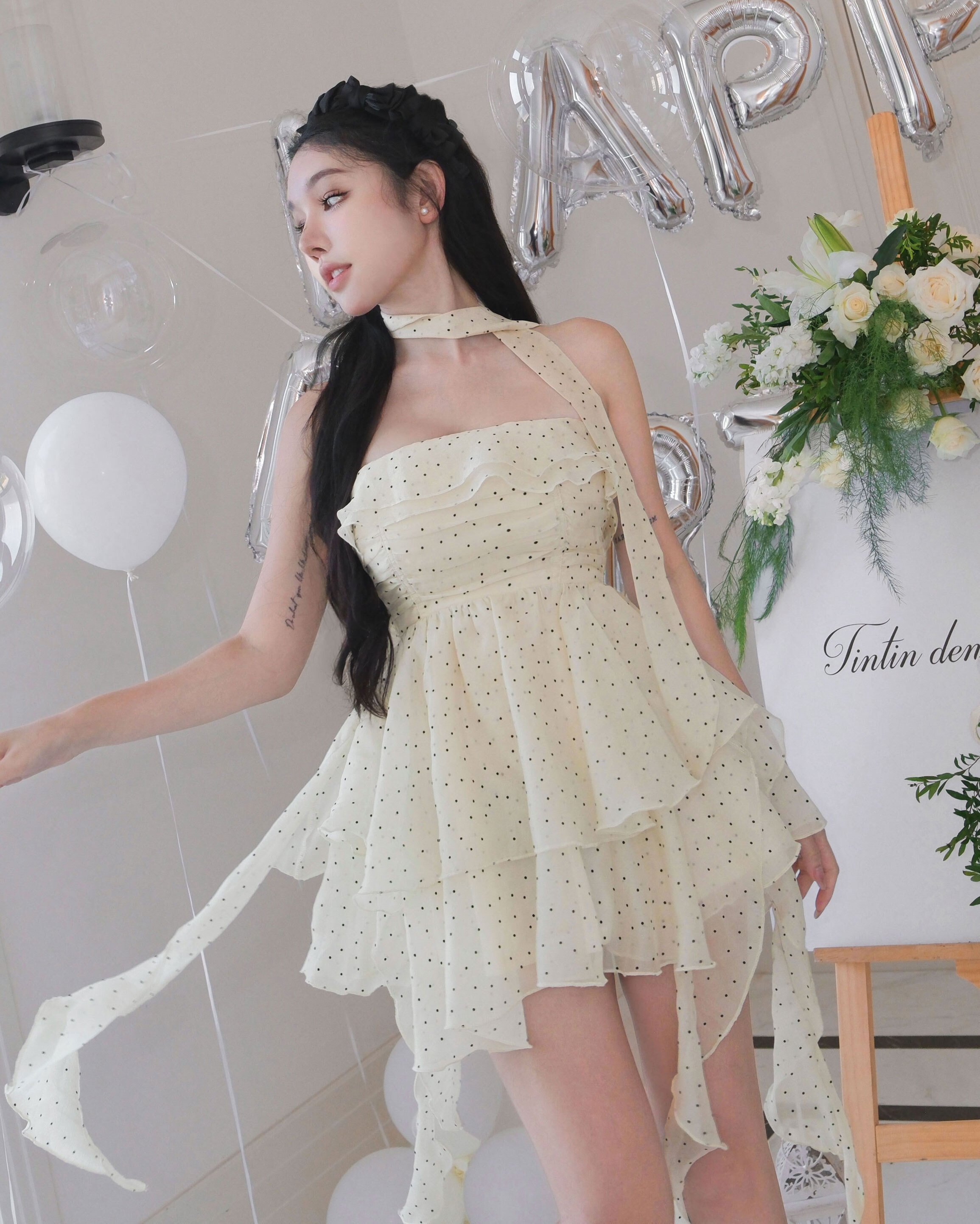 訂製-奶油圓點浪漫荷葉短洋套裝
