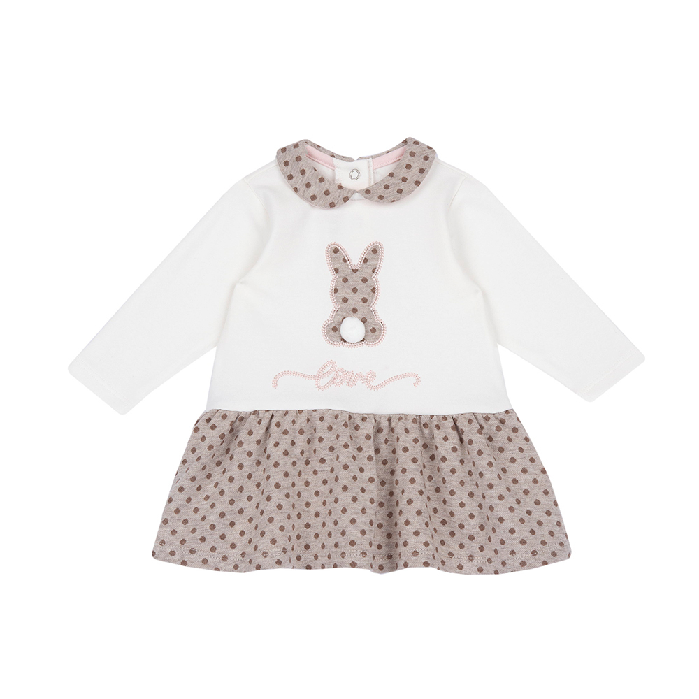 粉紅邦妮-剪接提織點點長袖洋裝