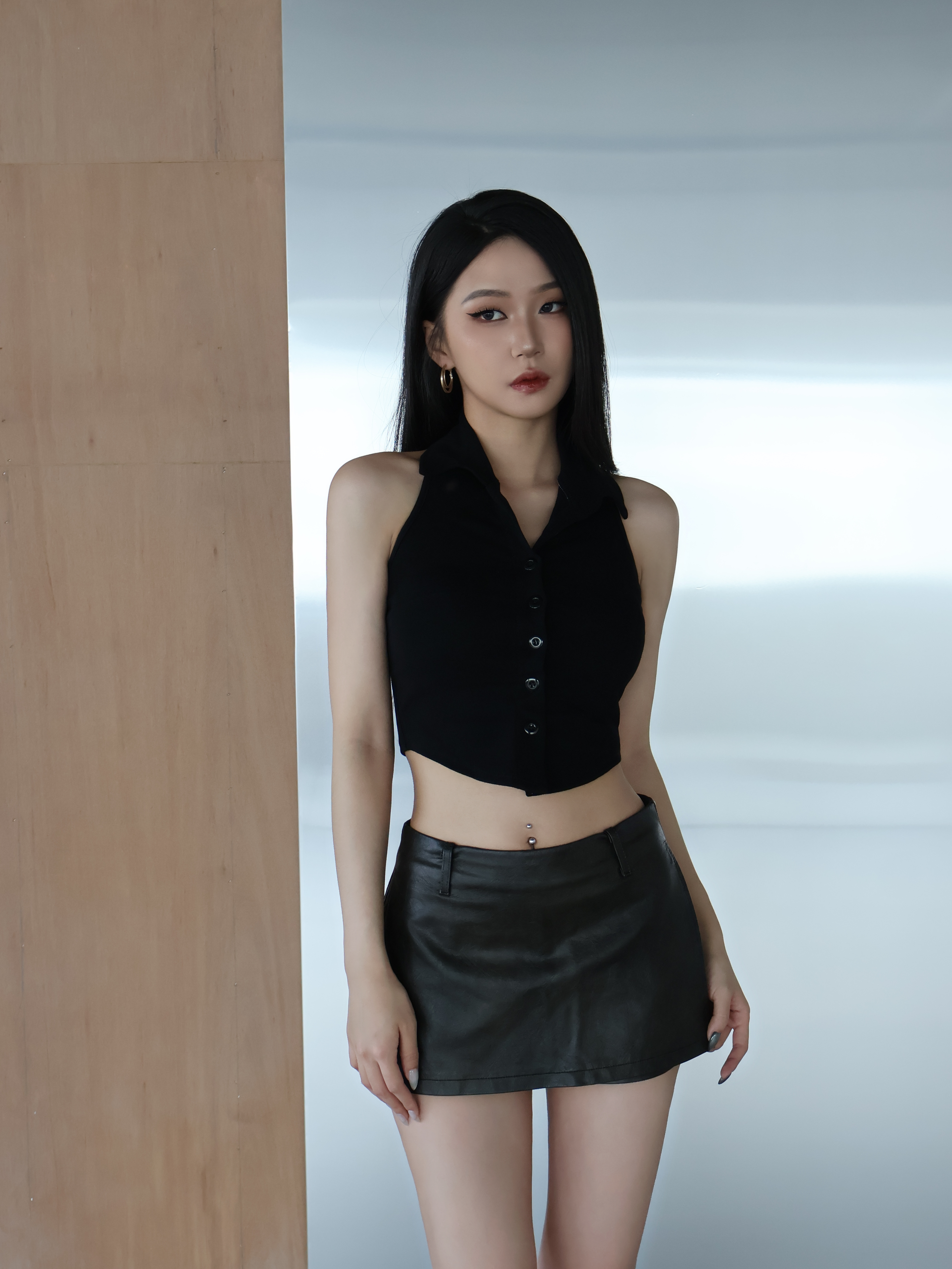 混色假裙真皮褲