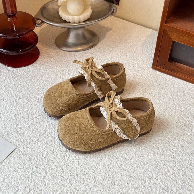 麂皮蕾絲蝴蝶結娃娃鞋