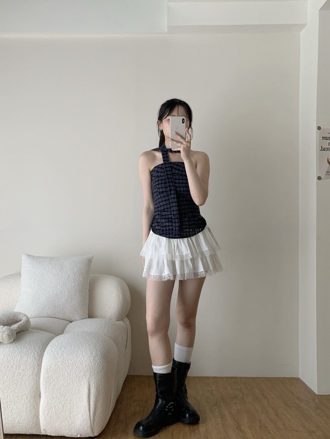 飄帶 格紋背心上衣