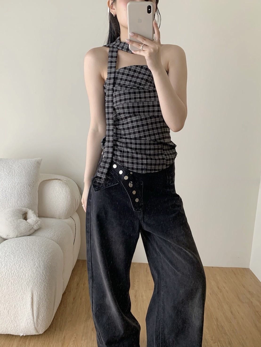 飄帶 格紋背心上衣