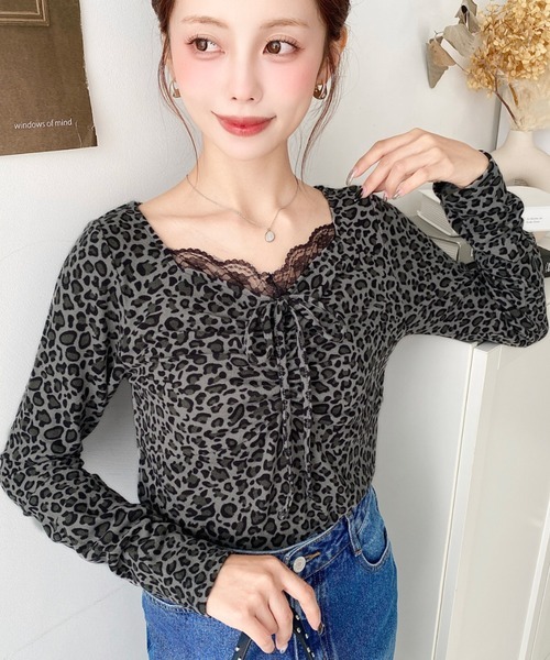 日本🇯🇵連線 Moment+ 豹紋帶蕾絲綁帶長袖上衣 綁帶 豹紋 蕾絲 緞帶 皺褶 長袖 3色(任買兩件711免運)/預購