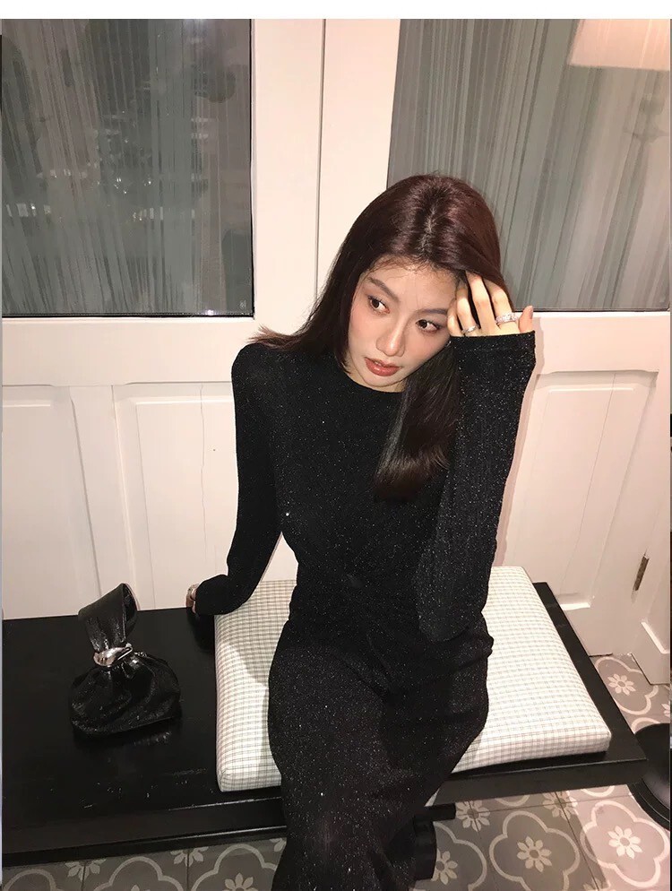 經典黑扭結亮片造型感包臀長洋裝-S-L (Elegant & Love)