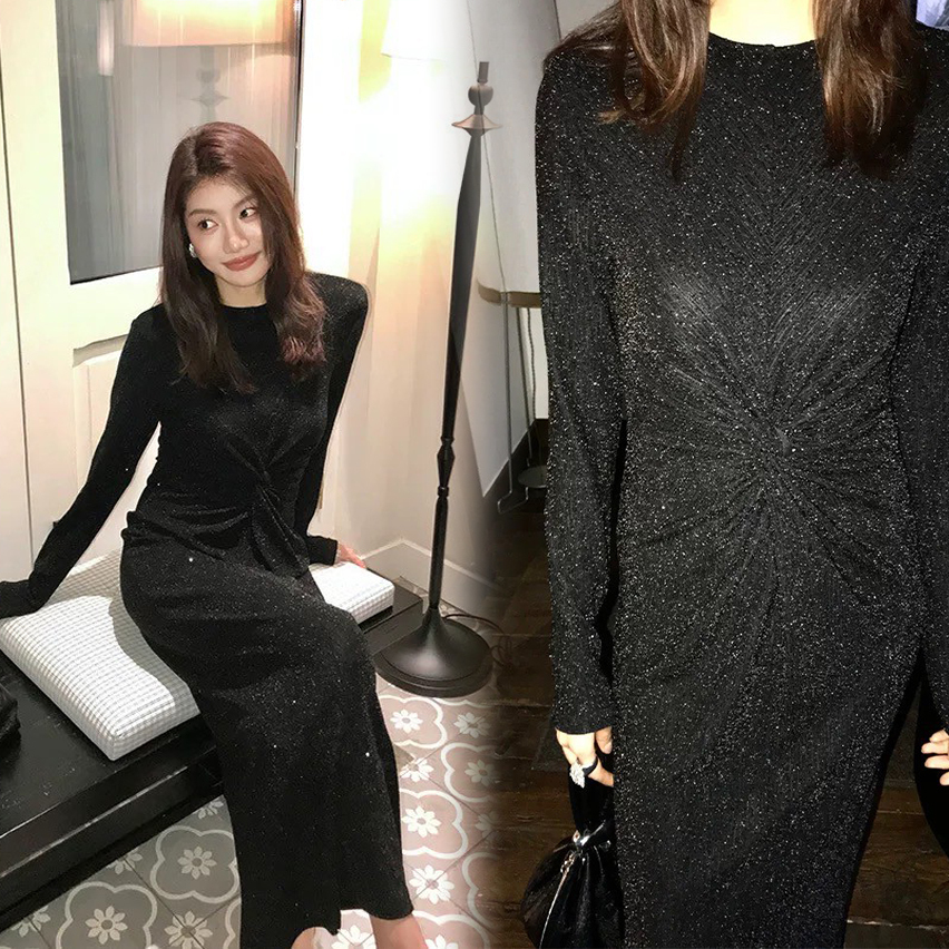 經典黑扭結亮片造型感包臀長洋裝-S-L (Elegant & Love)