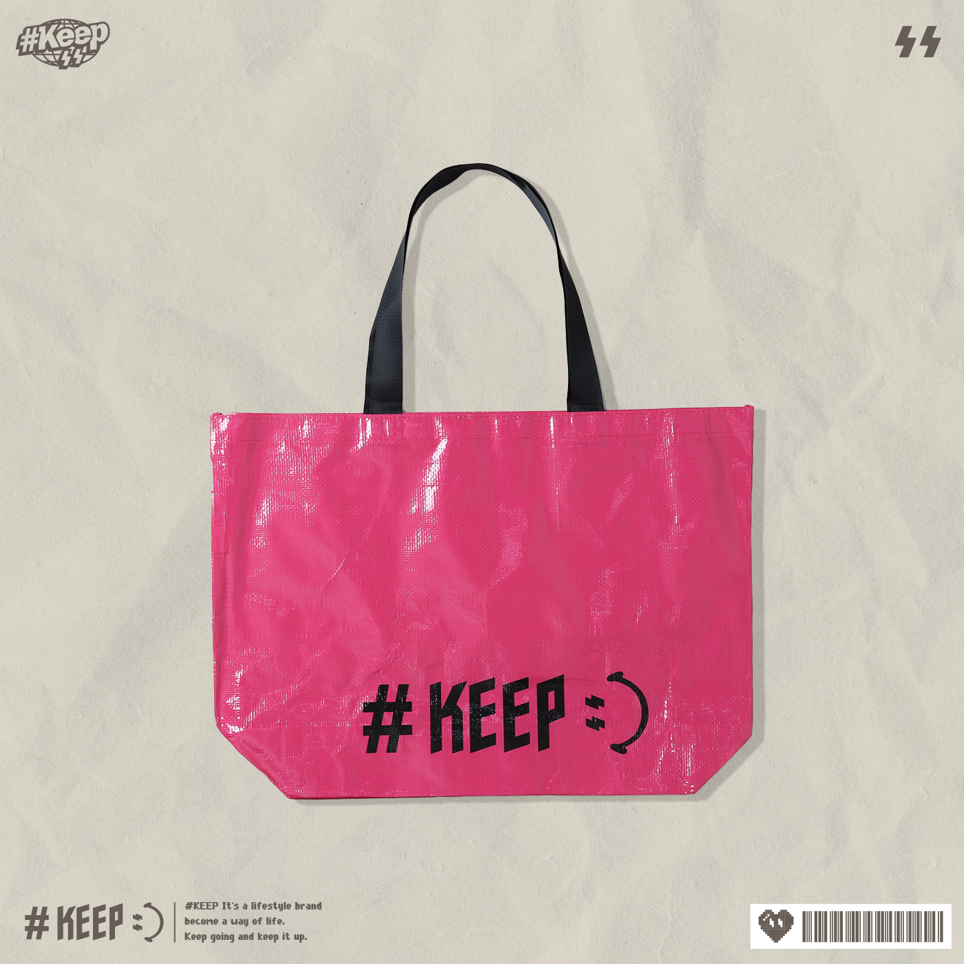 #KEEP WATER-RESISTANT LOGO SHOPPING BAG 桃紅 粉色 大容量 編織袋 收納 微笑 肩背 手提 LOGO 防潑水 購物袋【KS323】