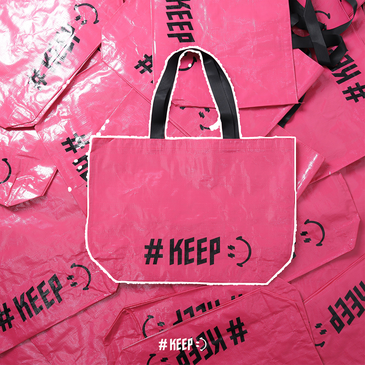 #KEEP WATER-RESISTANT LOGO SHOPPING BAG 桃紅 粉色 大容量 編織袋 收納 微笑 肩背 手提 LOGO 防潑水 購物袋【KS323】