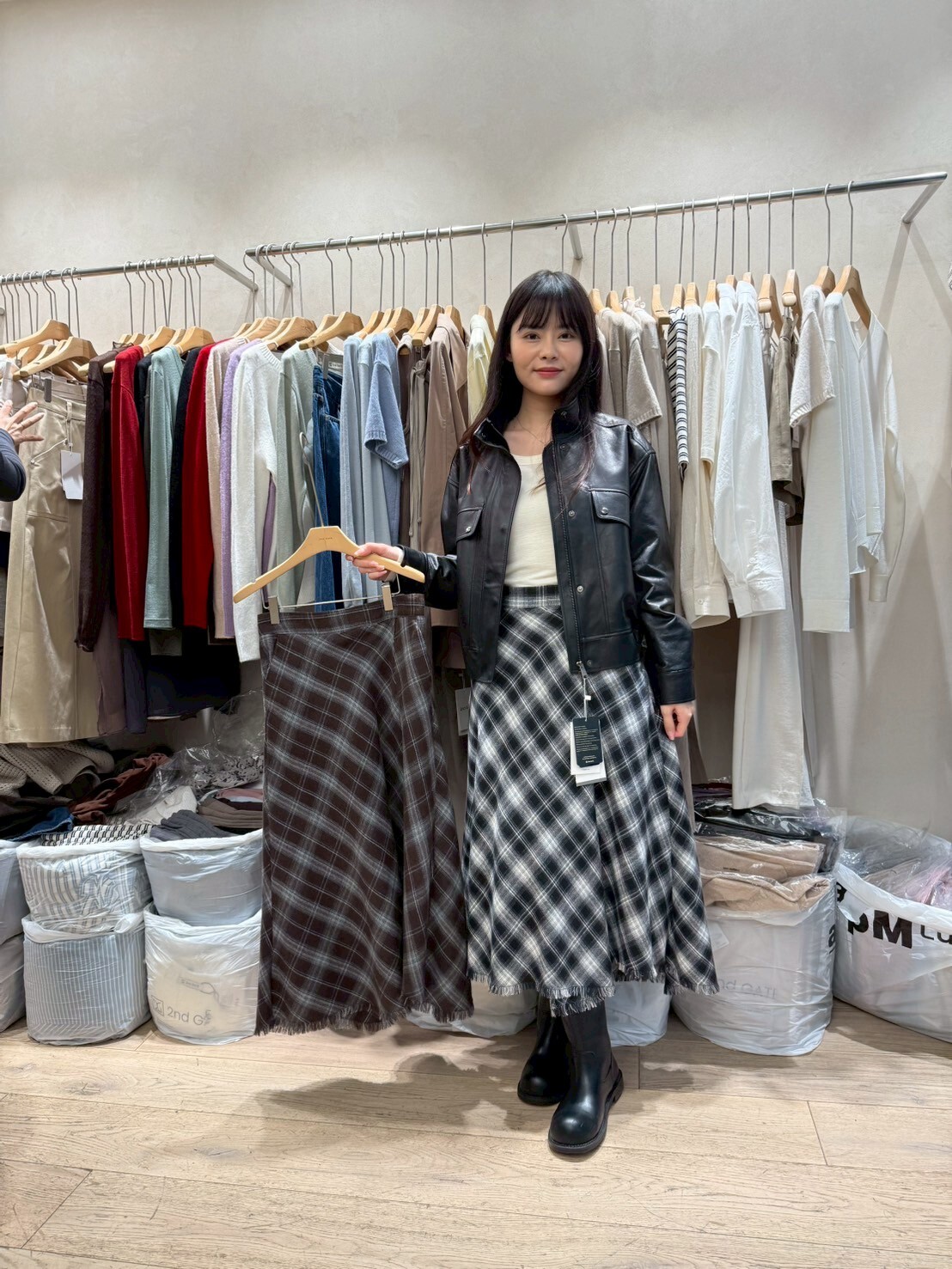 SG5038 高腰格紋下擺蘇蘇半身裙