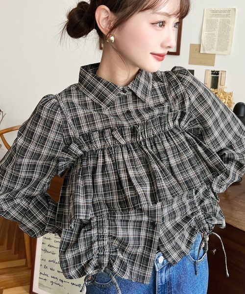 日本🇯🇵連線 Moment+ 荷葉邊胸衣+抽繩緞帶格紋襯衫 套裝 綁帶 蝴蝶結 緞帶 抽繩 長袖 格紋 襯衫 荷葉邊 3色(任買兩件711免運)/預購