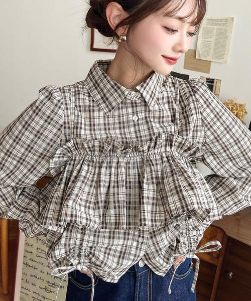日本🇯🇵連線 Moment+ 荷葉邊胸衣+抽繩緞帶格紋襯衫 套裝 綁帶 蝴蝶結 緞帶 抽繩 長袖 格紋 襯衫 荷葉邊 3色(任買兩件711免運)/預購
