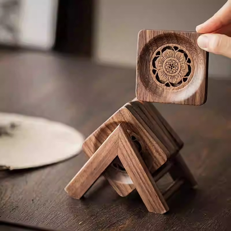 胡桃木蓮花杯墊組