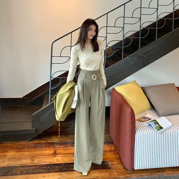 酪梨綠腰帶造型高腰落地寬褲長褲-S-XL (Elegant & Love)