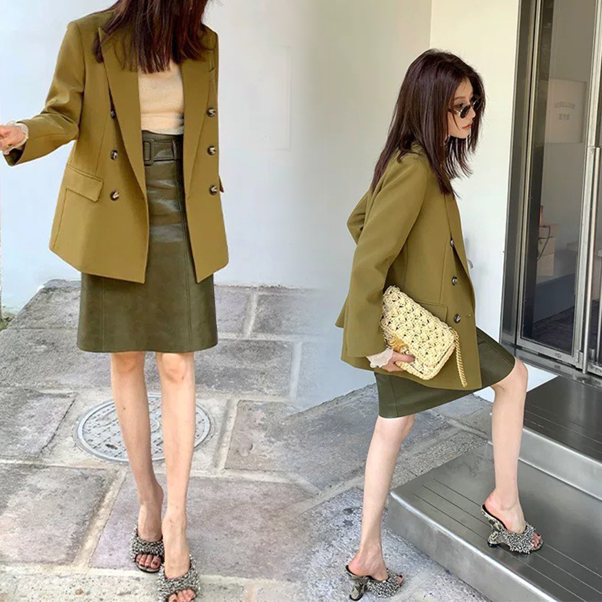 質感綠色系附腰帶修身及膝皮裙-S-XL (Elegant & Love)