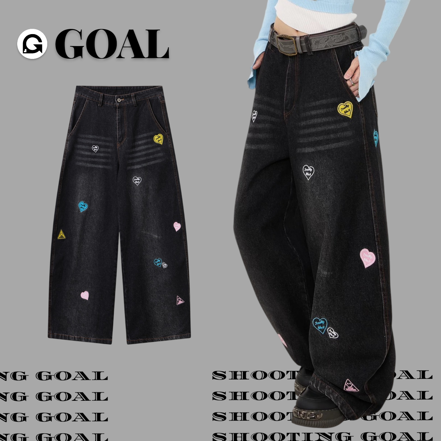 (GOAL) 刺繡愛心牛仔彎刀褲 ERHU 25029