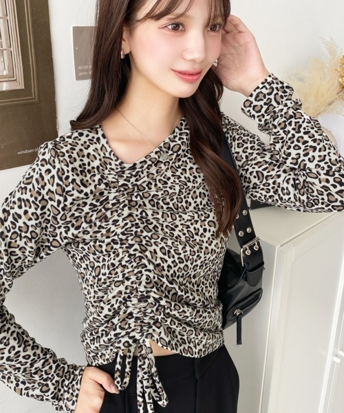 日本🇯🇵連線 Moment+ 時尚不對稱抽繩豹紋上衣 綁帶 抽繩 豹紋 緞帶 皺褶 長袖 3色(任買兩件711免運)/預購