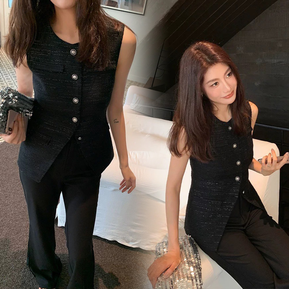 氣質V領小香軟呢排釦西裝背心-S-XL (Elegant & Love)