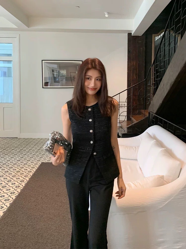 氣質V領小香軟呢排釦西裝背心-S-XL (Elegant & Love)