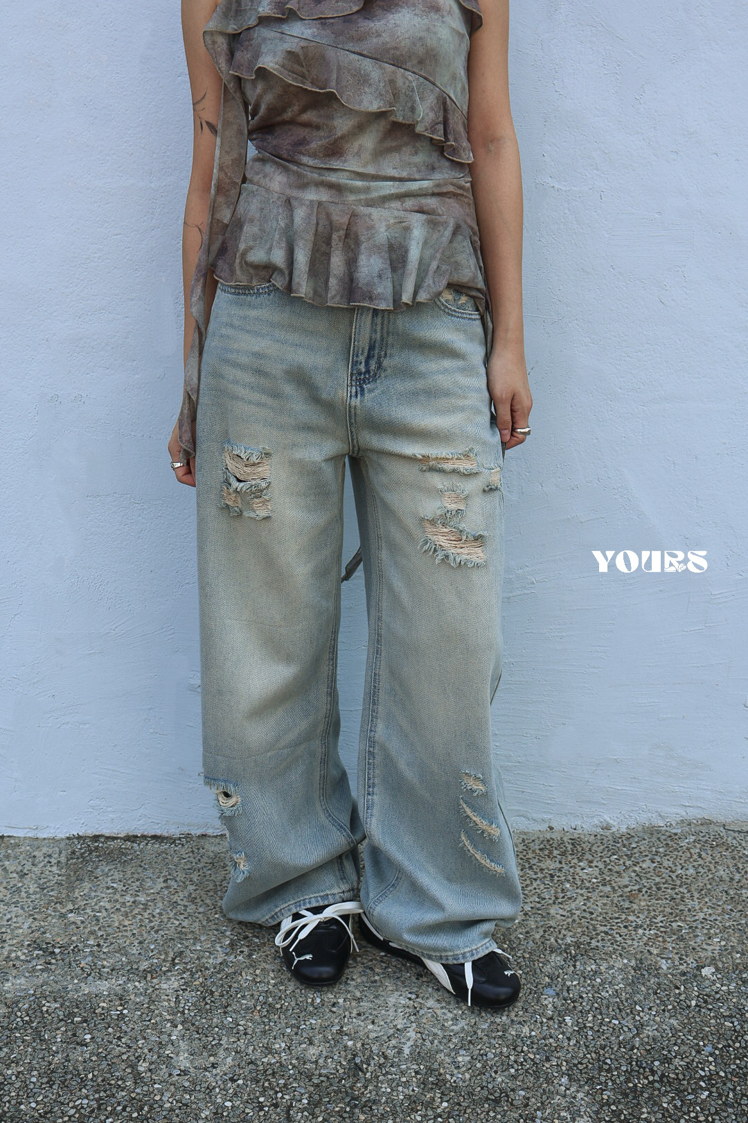 隨性刷破闊腿褲 (2colors)