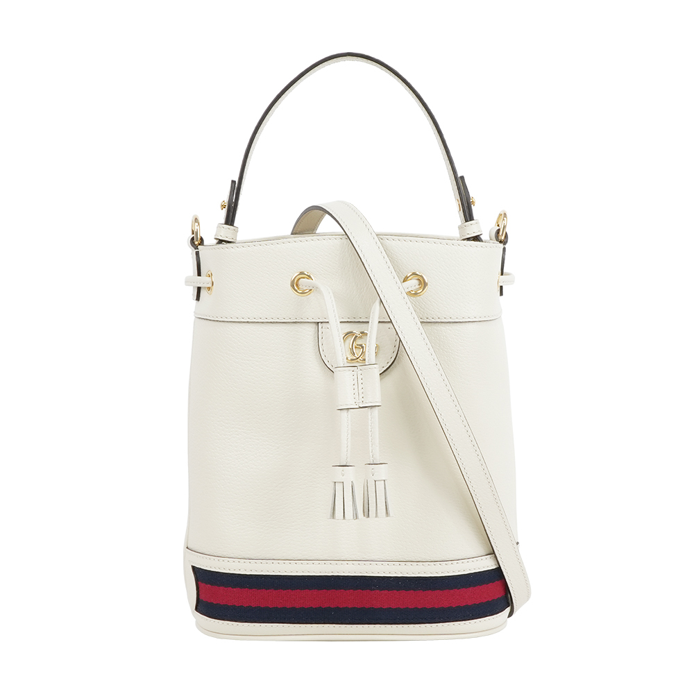 【GUCCI】Ophidia 藍紅織帶皮革小款水桶包/斜背包(白色)