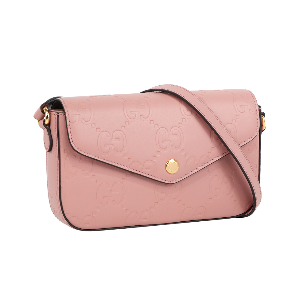 【GUCCI】大GG Logo 淡金釦信封造型斜背包/WOC(玫瑰粉)