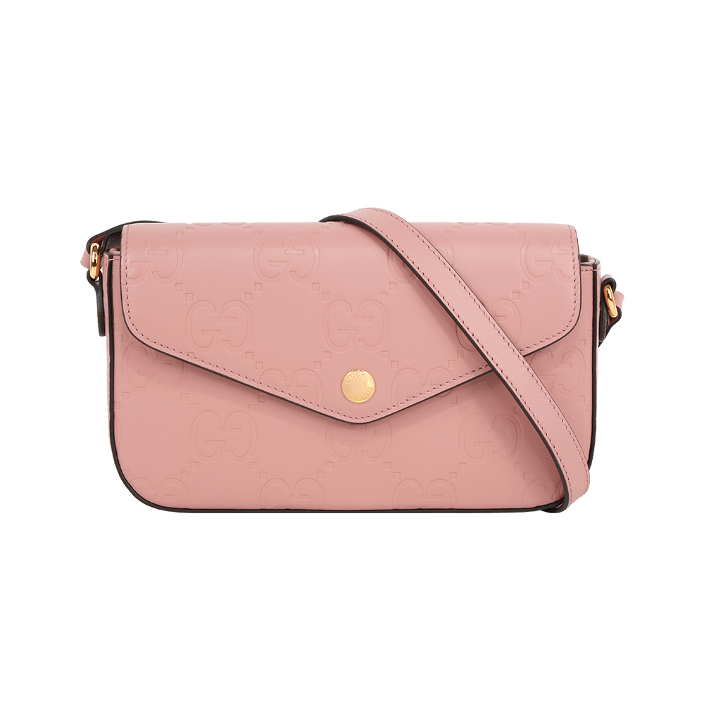 【GUCCI】大GG Logo 淡金釦信封造型斜背包/WOC(玫瑰粉)