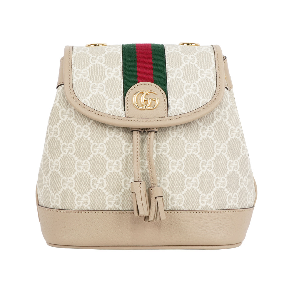 【GUCCI】Ophidia 塗層帆布及綠紅織帶束口迷你後背包(燕麥色)