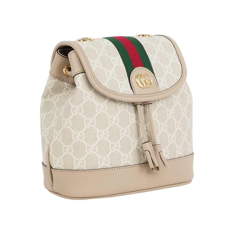 【GUCCI】Ophidia 塗層帆布及綠紅織帶束口迷你後背包(燕麥色)