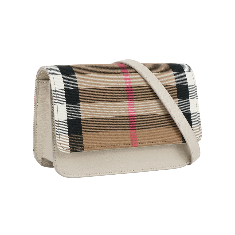 【Burberry】Madison 格紋帆布及皮革手拿包/斜背包(石灰白)