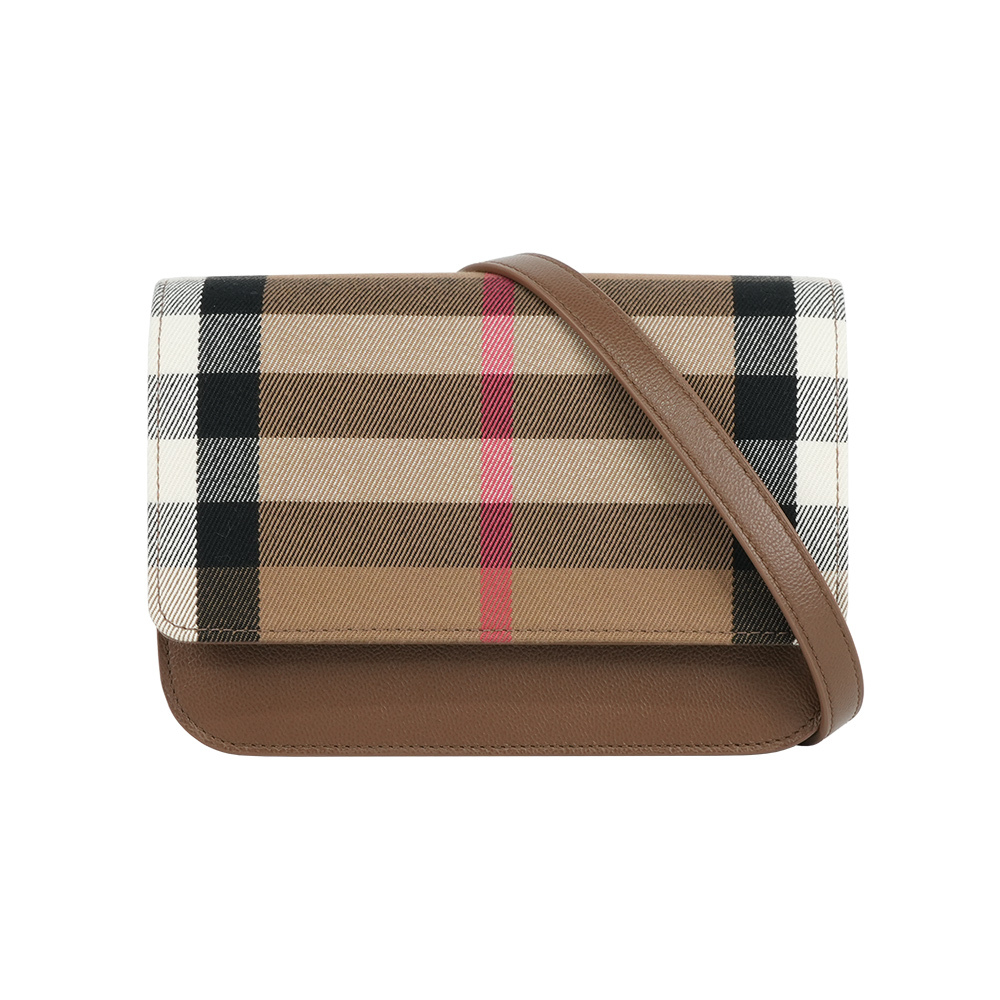 【Burberry】Madison 格紋帆布及皮革手拿包/斜背包(土棕色)