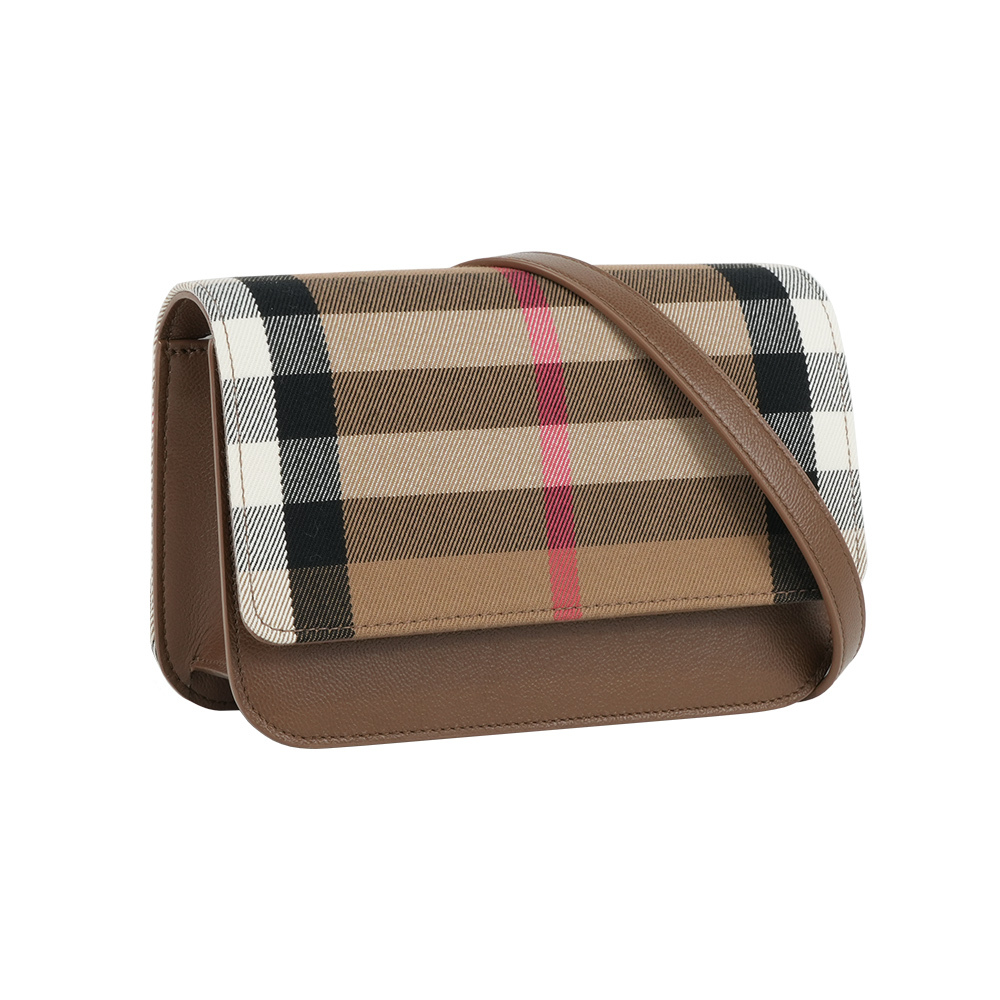 【Burberry】Madison 格紋帆布及皮革手拿包/斜背包(土棕色)