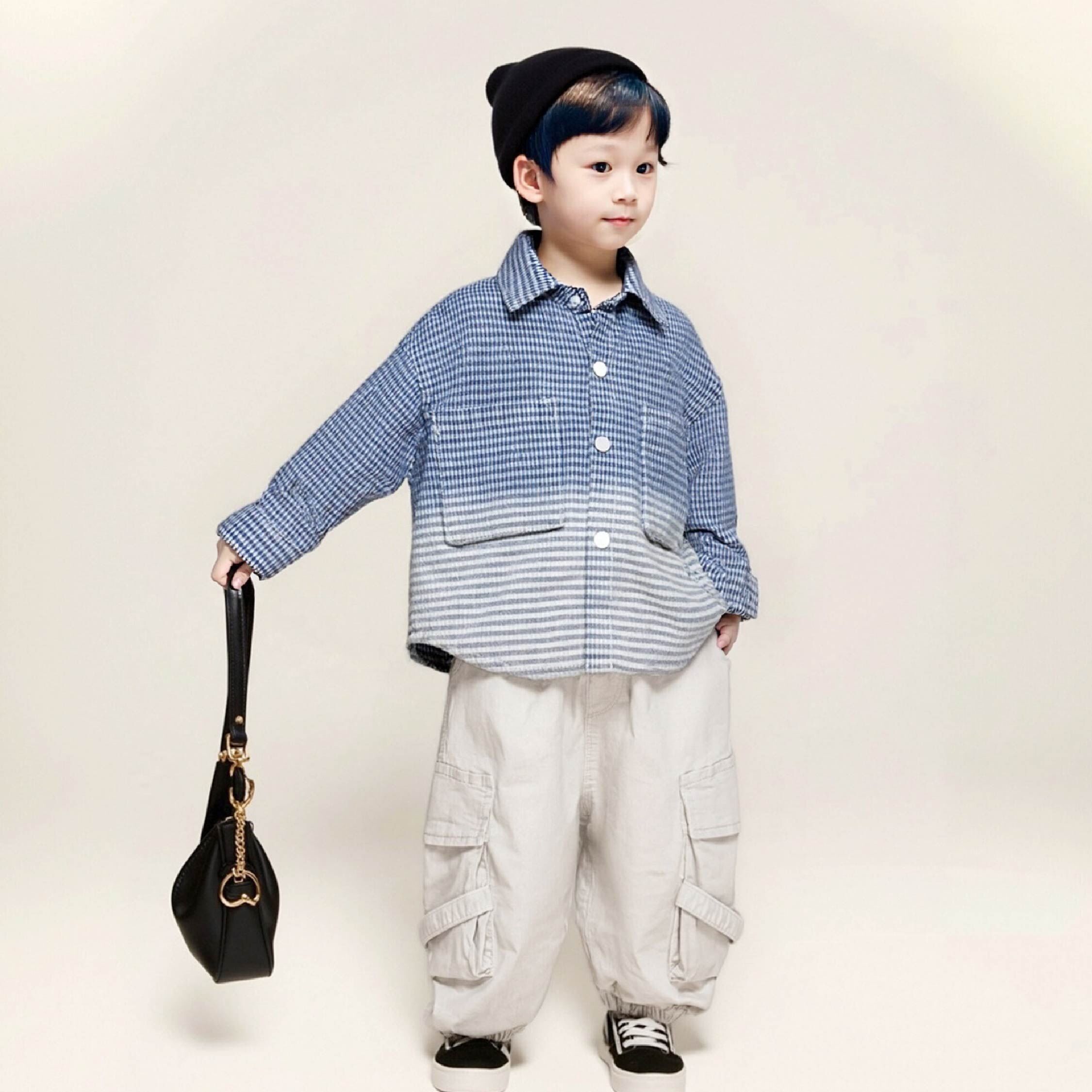 【H55433】格紋漸層刷白口袋上衣/襯衫/外套