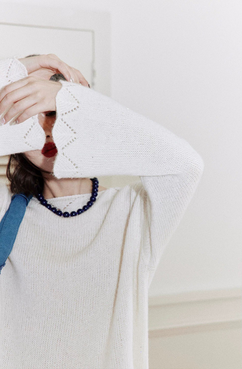 雲朵白海毛馬幾何滾邊編織羊毛上衣-F (Elegant & Love)