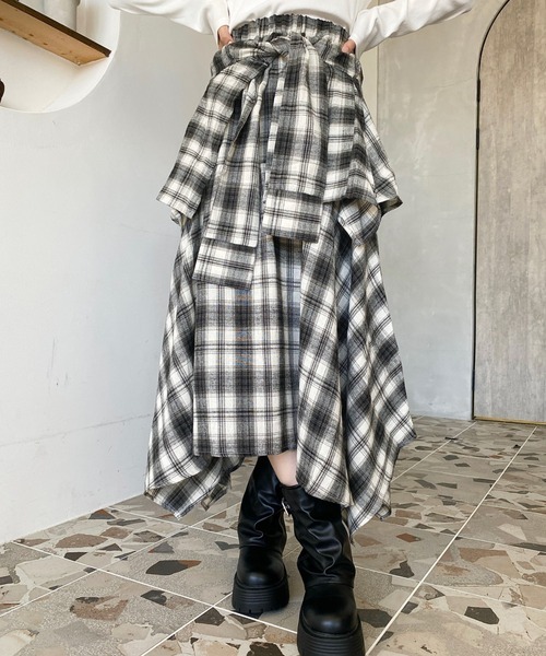 日本🇯🇵連線 Moment+ 襯衫感綁帶不規則格紋長裙 腰部綁帶 格紋 長裙 學院風 裙子 A字裙 5色(任買兩件711免運)/預購