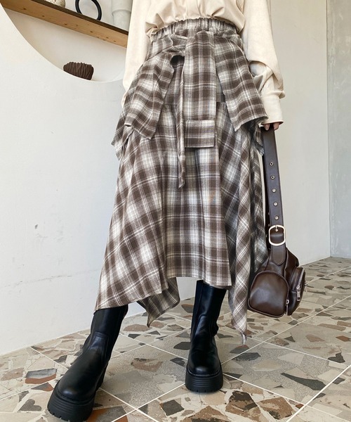 日本🇯🇵連線 Moment+ 襯衫感綁帶不規則格紋長裙 腰部綁帶 格紋 長裙 學院風 裙子 A字裙 5色(任買兩件711免運)/預購