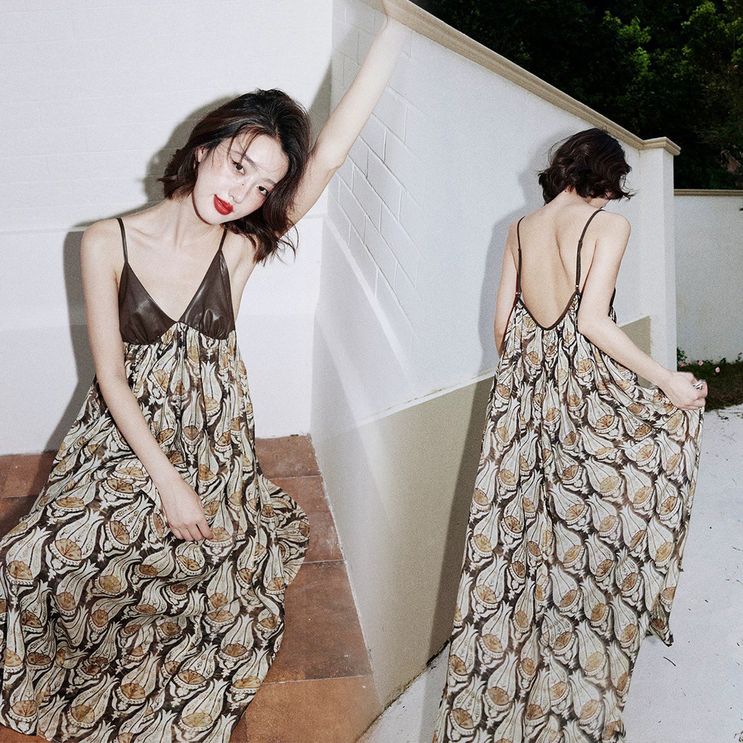 細肩帶PU皮革拼接花紋感傘擺長洋裝S-M / 2色 (Elegant & Love)