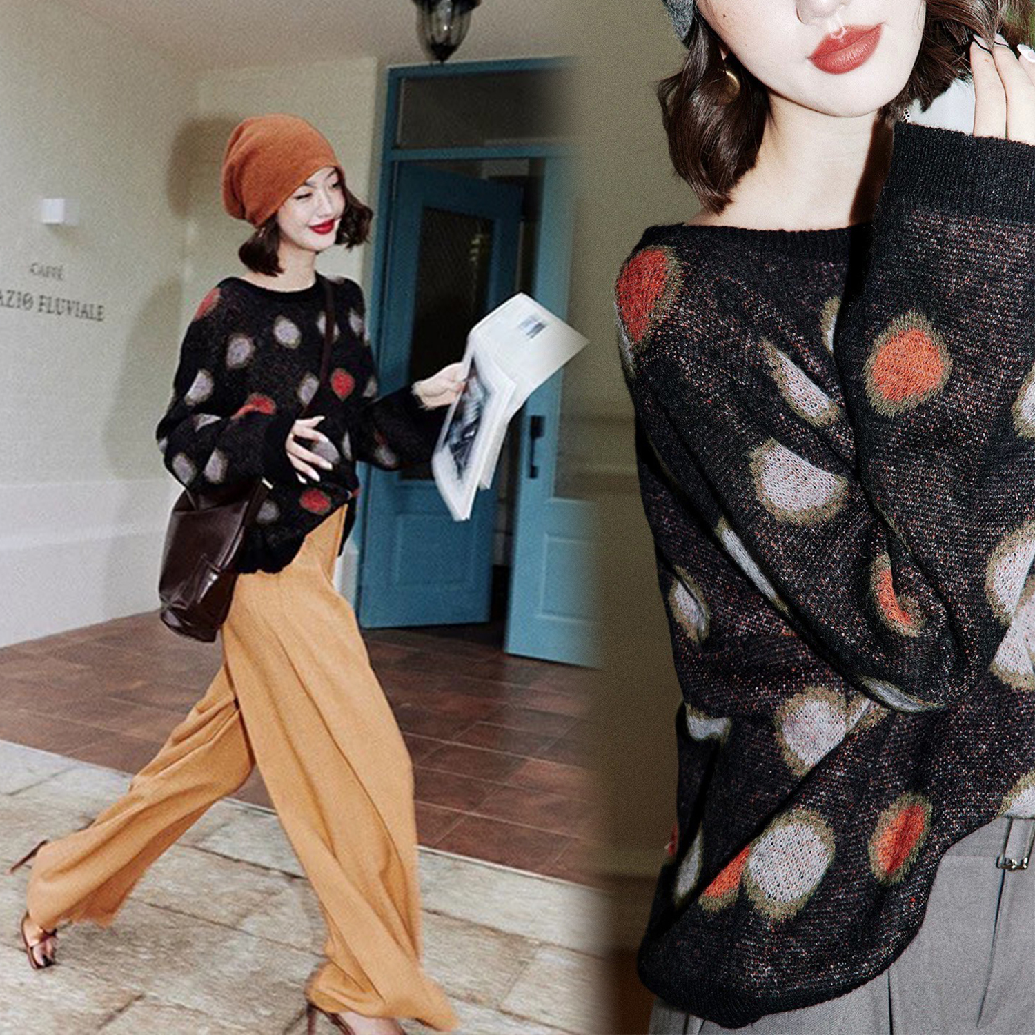 可愛雙配色圓點海馬毛圓領針織上衣-F (Elegant & Love)