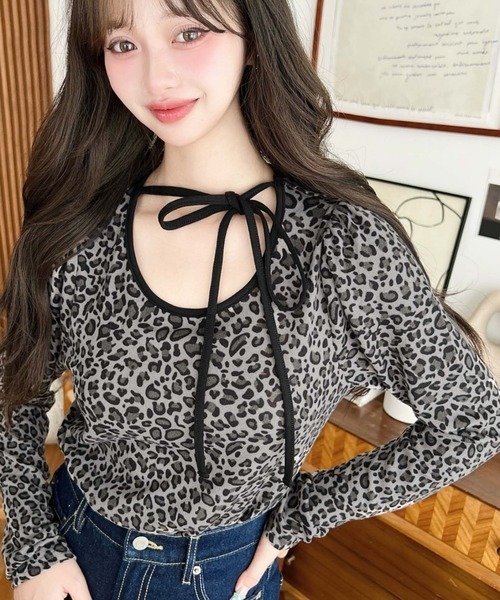 日本🇯🇵連線 Moment+ 芭蕾風綁帶豹紋長袖上衣 綁帶 豹紋 緞帶 芭蕾風 絲帶 長袖 3色(任買兩件711免運)/預購