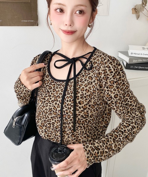 日本🇯🇵連線 Moment+ 芭蕾風綁帶豹紋長袖上衣 綁帶 豹紋 緞帶 芭蕾風 絲帶 長袖 3色(任買兩件711免運)/預購