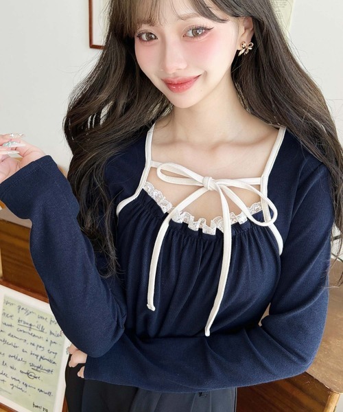 日本🇯🇵連線 Moment+ 甜美分層緞帶羅紋長袖上衣 假兩件 綁帶 緞帶 羅紋材質 長袖 5色(任買兩件711免運)/預購