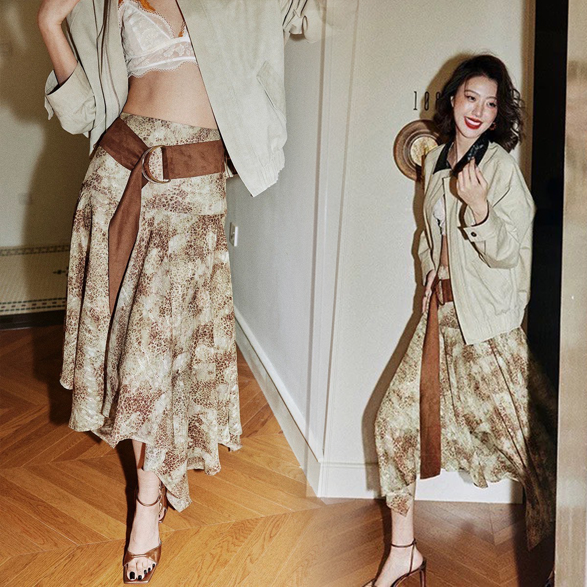 下擺不規則造型配色大小豹紋長裙-XS-L / 2色 (Elegant & Love)