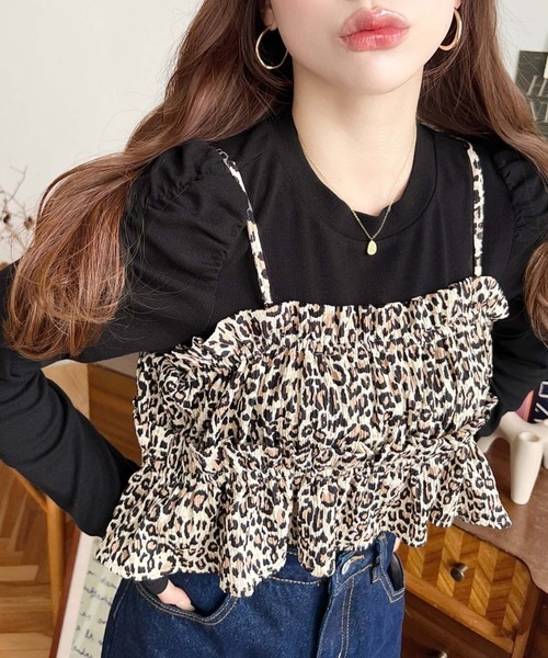 日本🇯🇵連線 Moment+ 豹紋吊帶背心&羅紋長袖套裝 豹紋吊帶 荷葉邊 肩褶設計 羅紋針織 泡泡袖 長袖 4色(任買兩件711免運)/預購