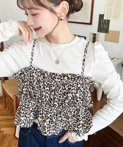 日本🇯🇵連線 Moment+ 豹紋吊帶背心&羅紋長袖套裝 豹紋吊帶 荷葉邊 肩褶設計 羅紋針織 泡泡袖 長袖 4色(任買兩件711免運)/預購