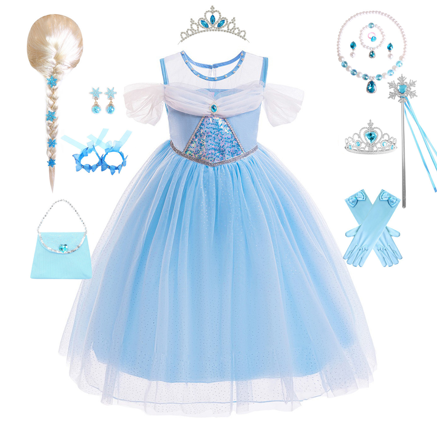 萬聖節 艾莎公主紗袖拖擺禮服  100-140cm #RA119