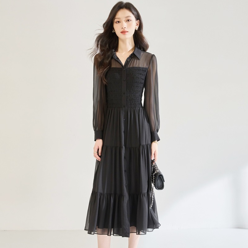 立領透膚紗雪紡洋裝 黑色