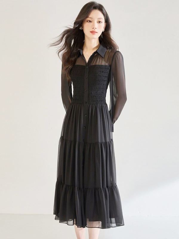 立領透膚紗雪紡洋裝 黑色