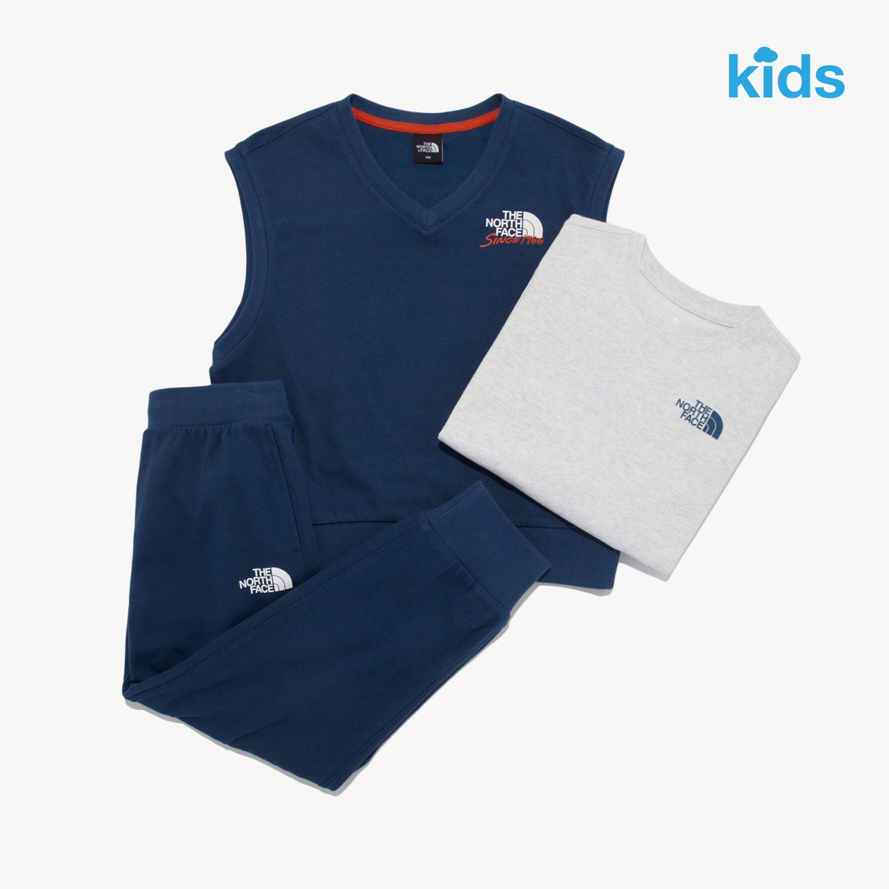 【OWN】The North Face 兒童套裝 背心 薄長袖 運動長褲 縮口褲 抽繩 彈性 棉質 秋冬套裝 小孩 藍 奶茶 灰